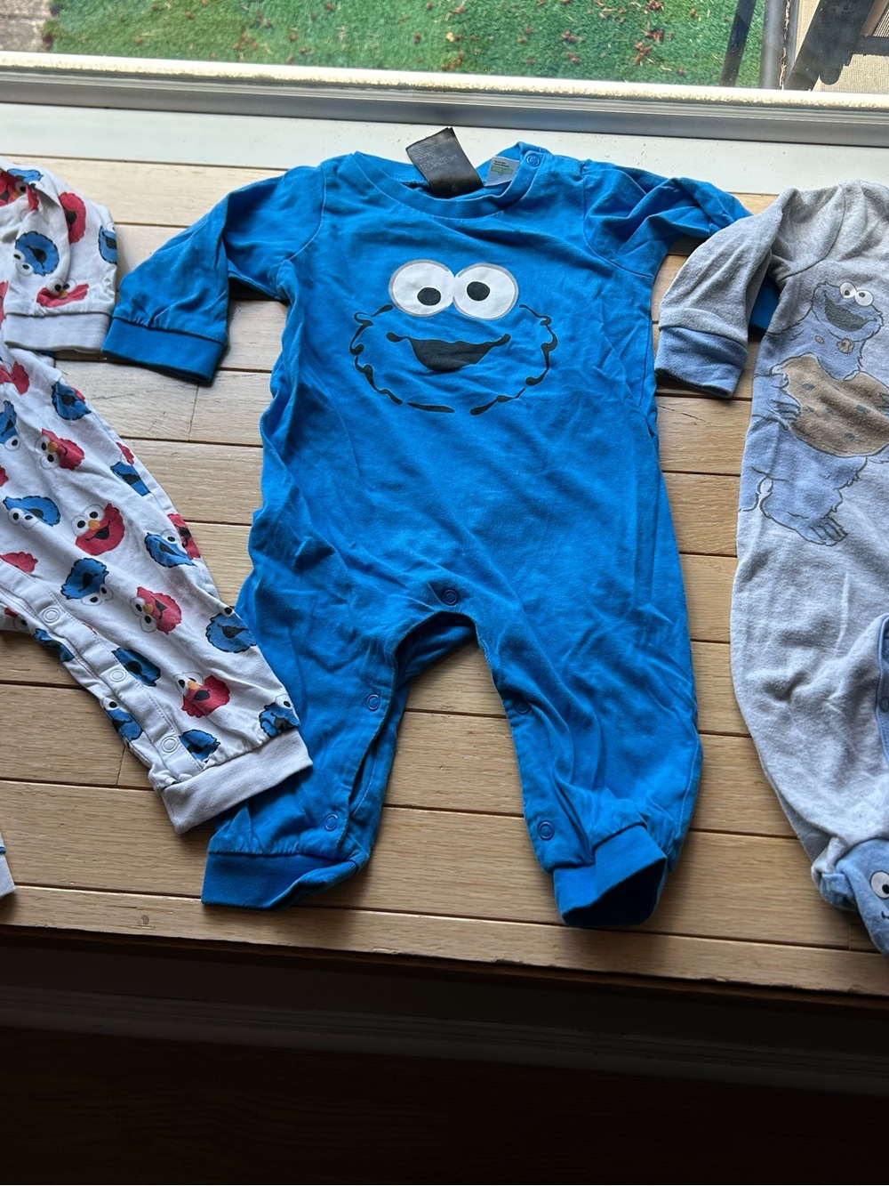 Lot of 3: Blue Cookie and Elmo Monster Baby One-Piece rompers and footie (9mo)